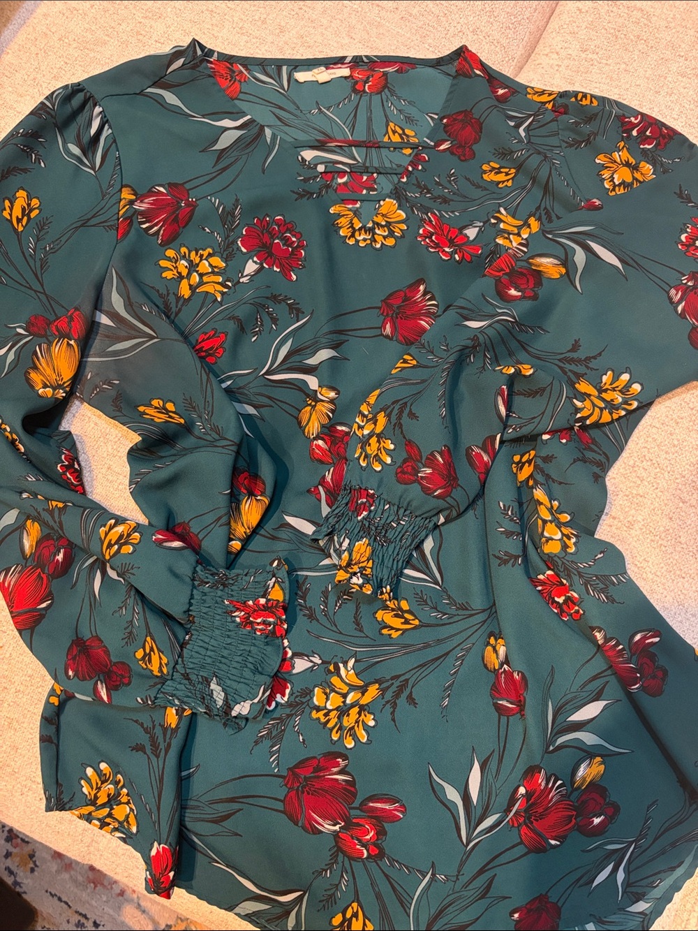 Maurices Teal Floral Top with Red & Yellow Blooms